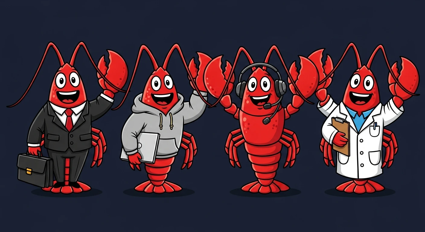 A team of lobster employees — business, developer, support, and scientist