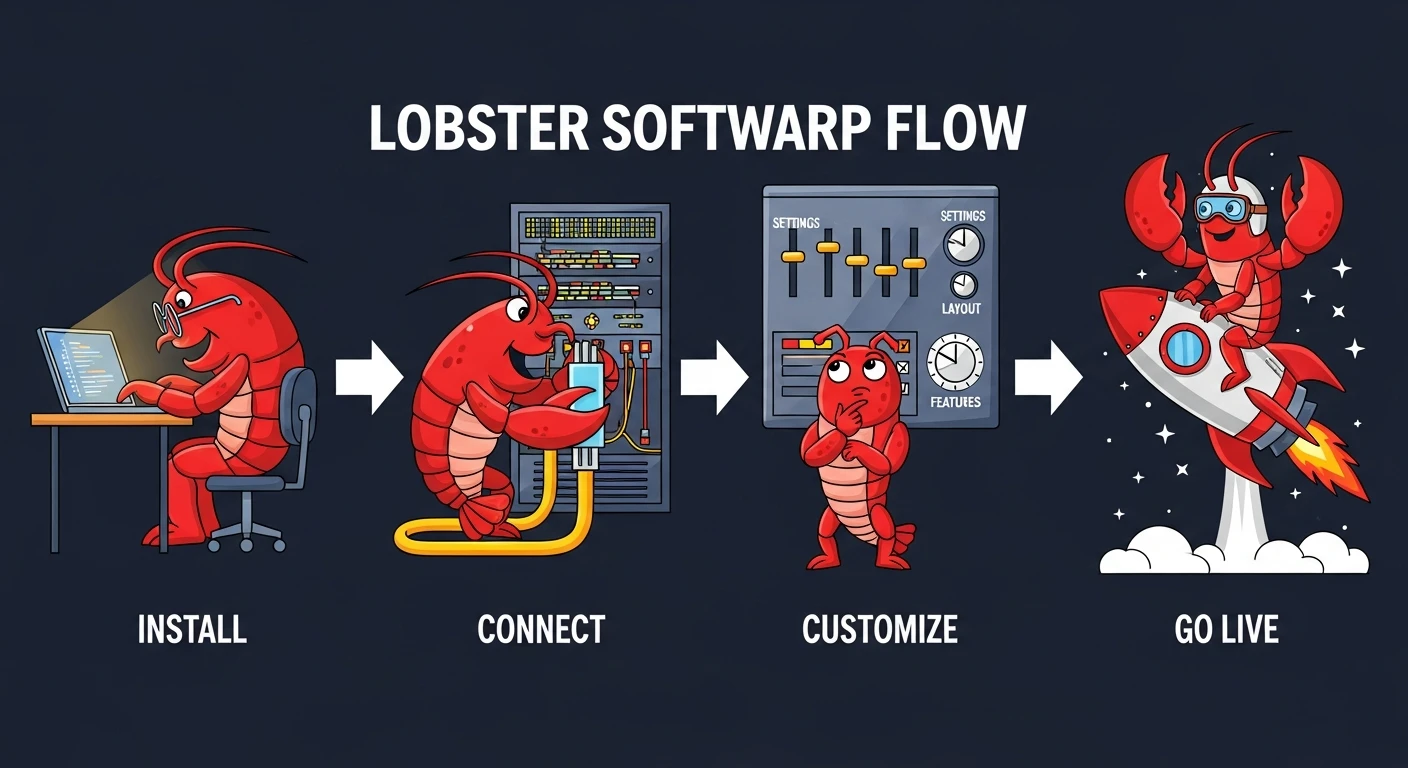 Four lobsters showing the setup flow: Install, Connect, Customize, Go Live