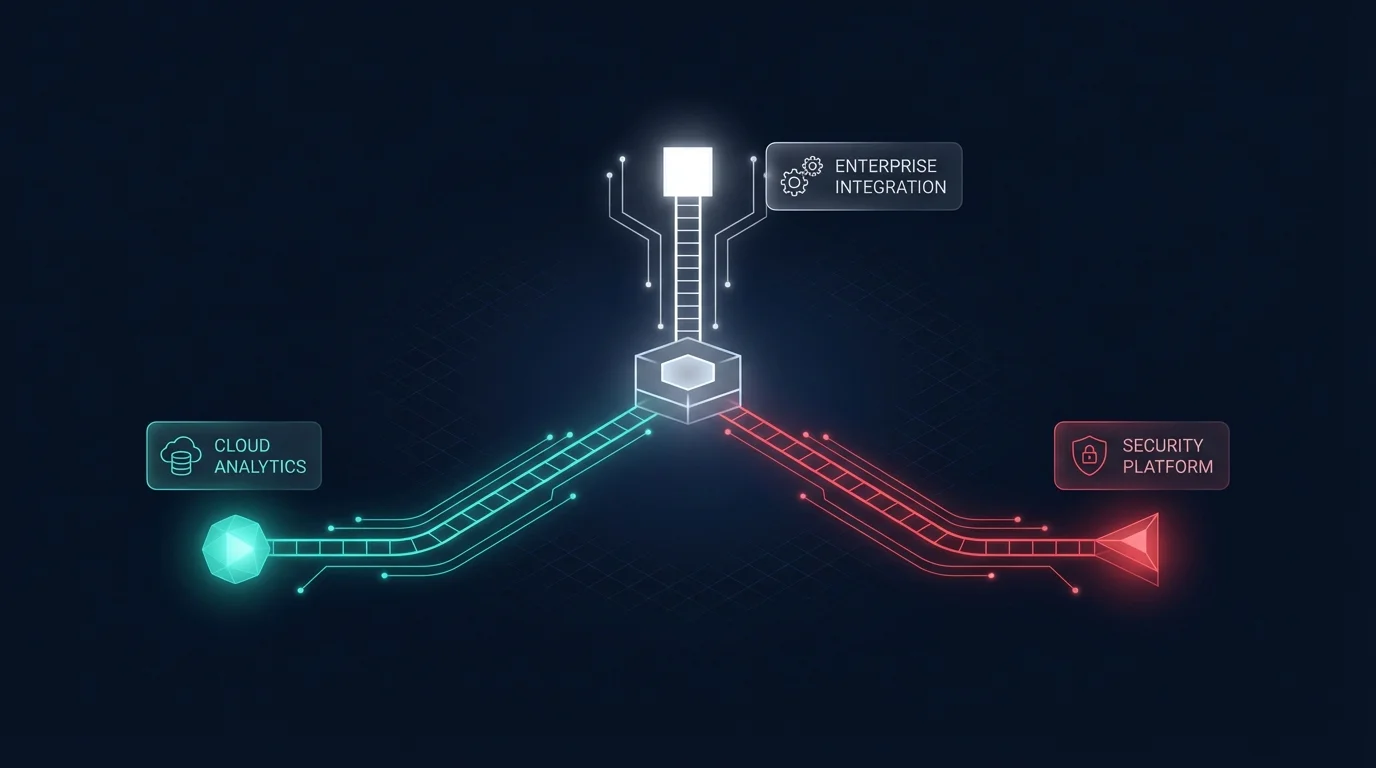 Abstract illustration of a central node splitting into three diverging paths with teal, white, and red glowing endpoints, representing migration to alternative AI providers