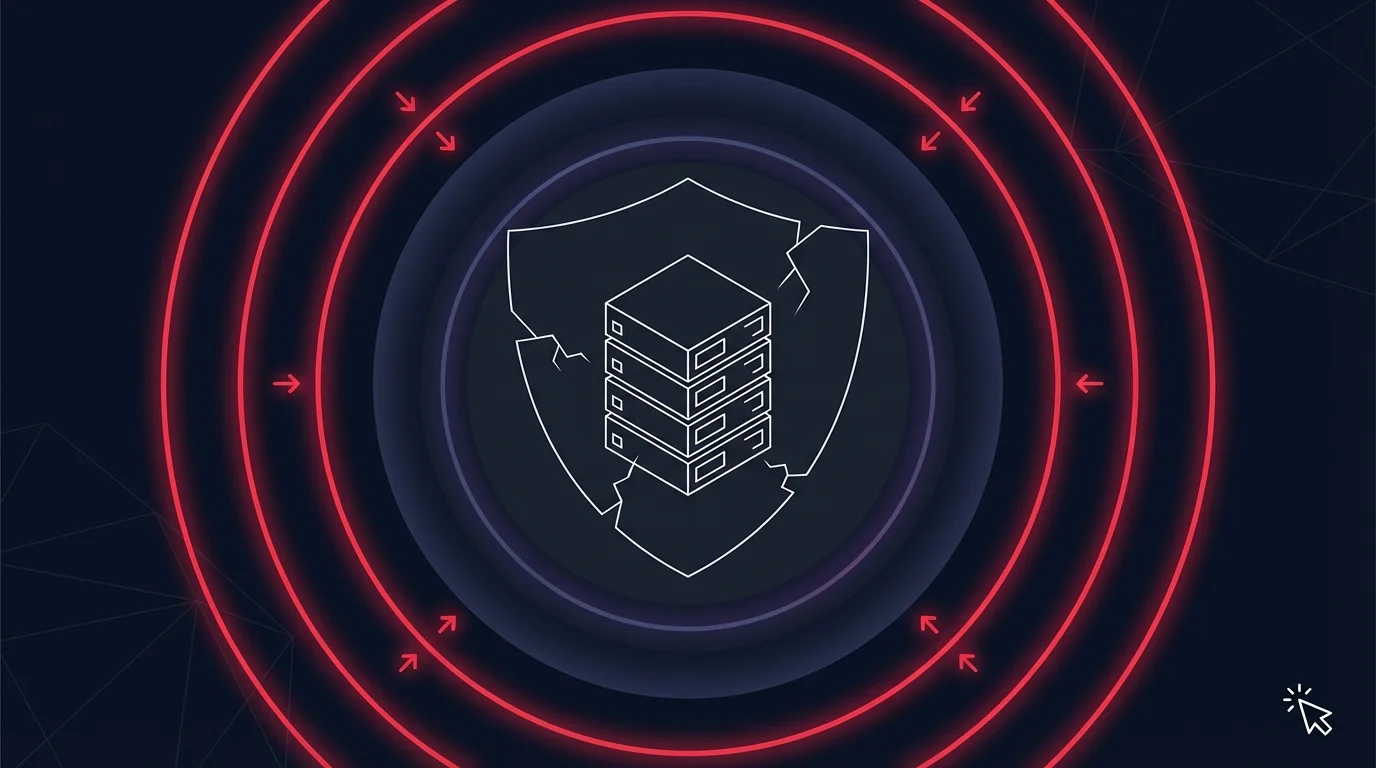 Abstract illustration of a server node with cracked shield surrounded by red concentric warning rings and inbound attack arrows, representing the 0.0.0.0 gateway vulnerability