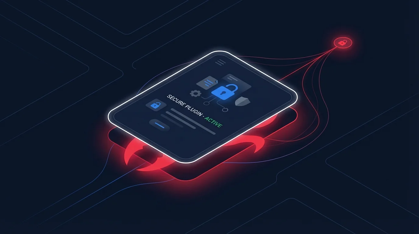 Abstract illustration of a plugin card with hidden red underlayer and data exfiltration lines reaching to a remote endpoint, representing malicious third-party skills