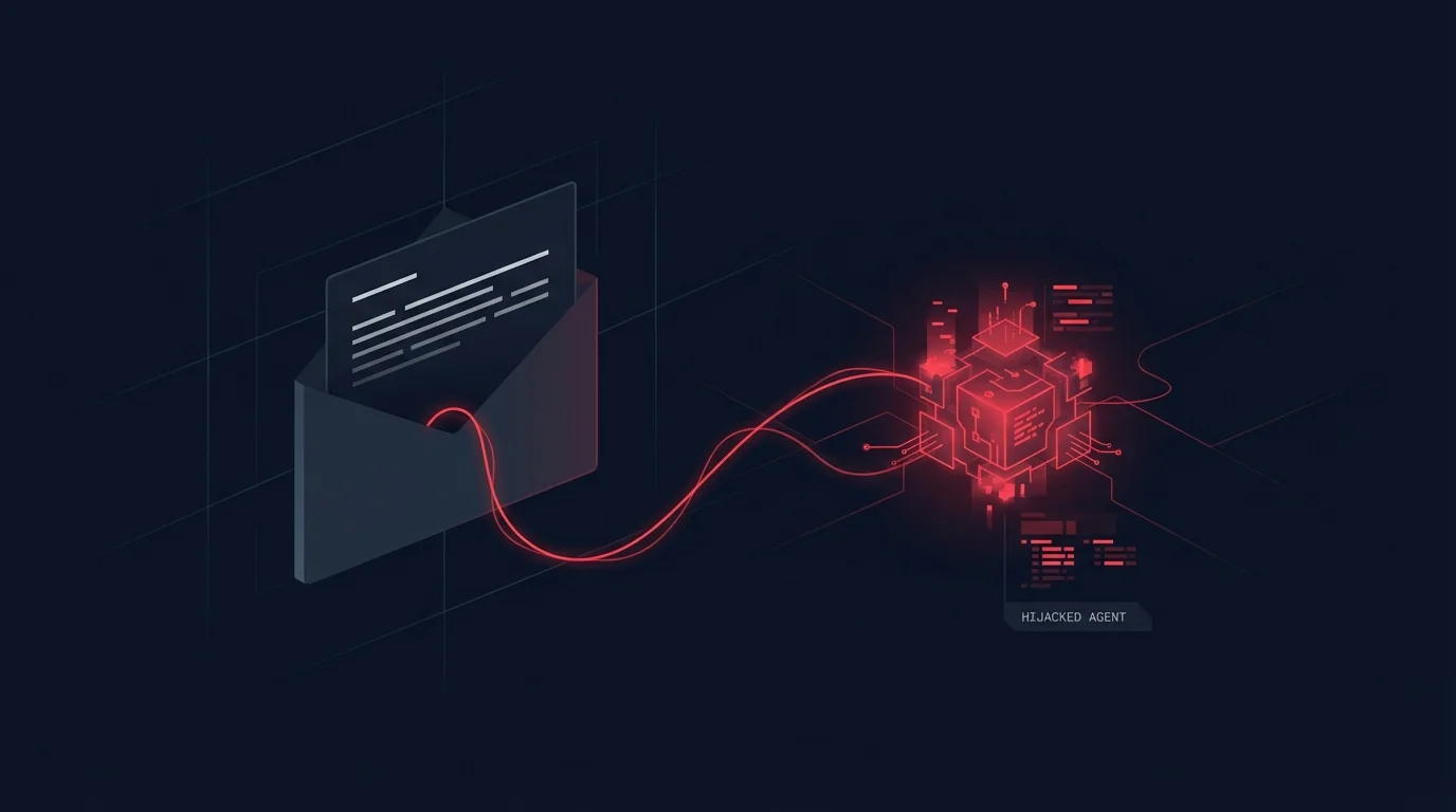 Abstract illustration of an envelope with a red glowing tendril extending from hidden text to hijack an agent node, representing prompt injection attacks