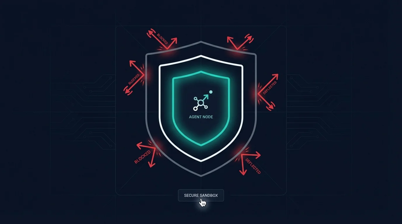 Abstract illustration of nested shield layers with a teal-glowing agent node protected inside while red attack arrows are blocked and deflected, representing progressive sandboxing